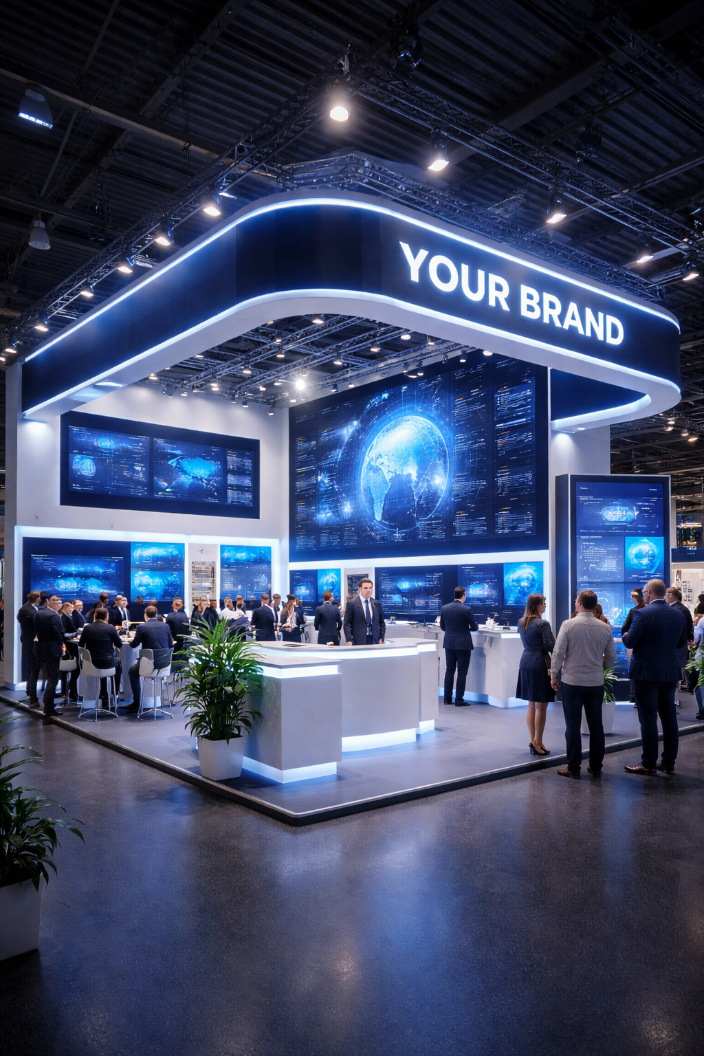 Estande futurista em evento de tecnologia